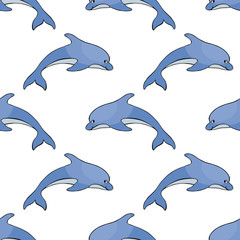 Seamless pattern in doodle style with the image of a funny dolphin. Colorful vector background.