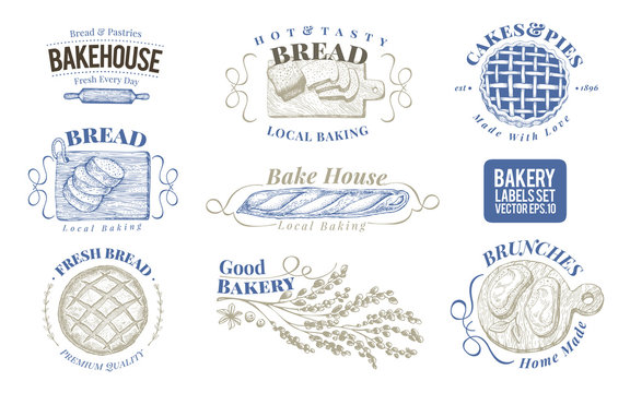 Bakery set of vector monochrome labels, badges, emblems. Hand drawn retro illustrations. Logo design templates. Can be use for menu, packaging.