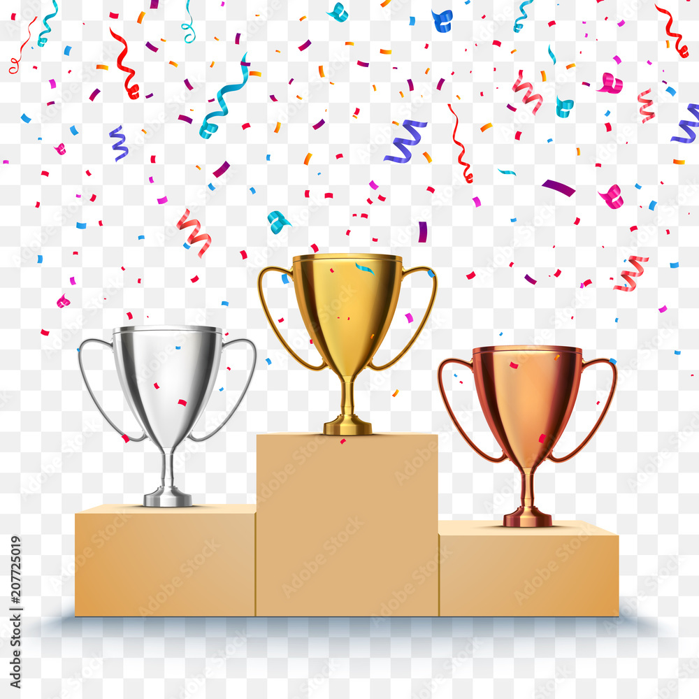 Poster winner background. first, second and third place of competition. podium with trophy cups and confett