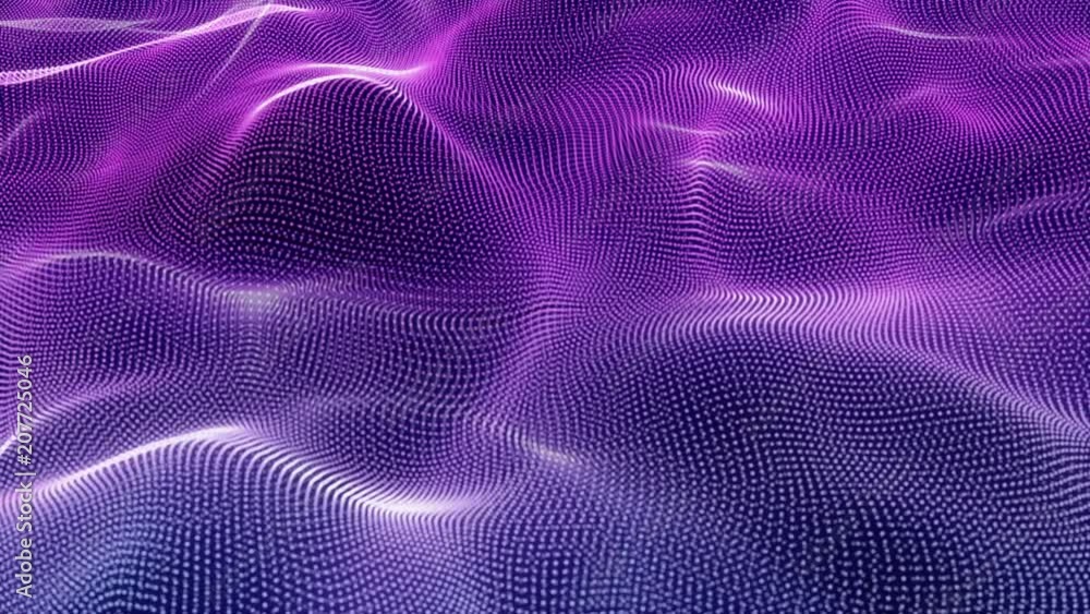 Poster abstract loopable blue and violet cg motion waving dots texture with glowing defocused particles. cy