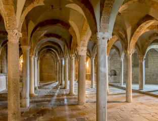 Crypt with a vaulted ceiling and lots of columns, Basilica of San Pietro, Tuscania, Viterbo, Lazio, Italy, Southern Europe