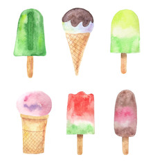 Watercolor collection of ice-creams. Hand drawn colorful popsicles.