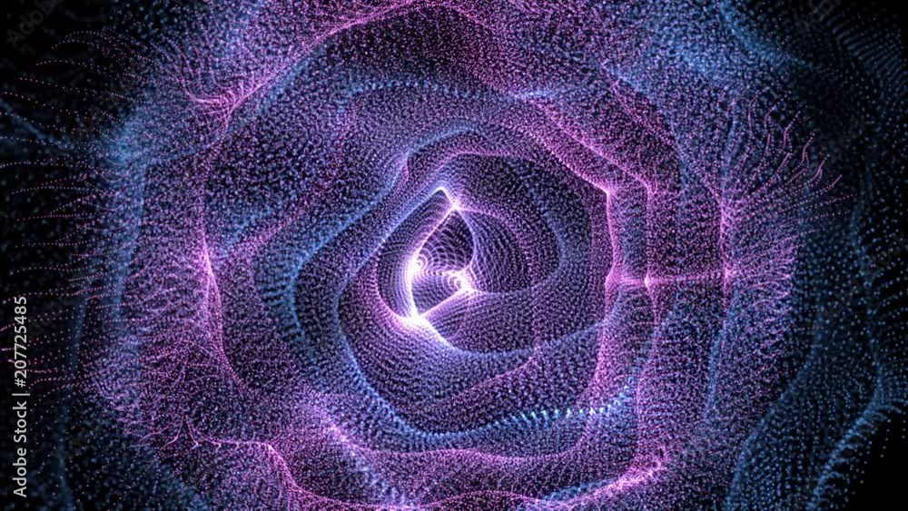 Poster abstract loopable blue and violet cg motion waving dots texture with glowing defocused particles. cy
