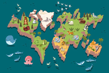 World map with cute animals for children. Vector cartoon flat illustration. © Roi_and_Roi