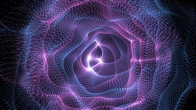 Abstract loopable blue and violet cg motion waving dots texture with glowing defocused particles. Cyber or technology digital landscape background. 3840x2160 4k uhd