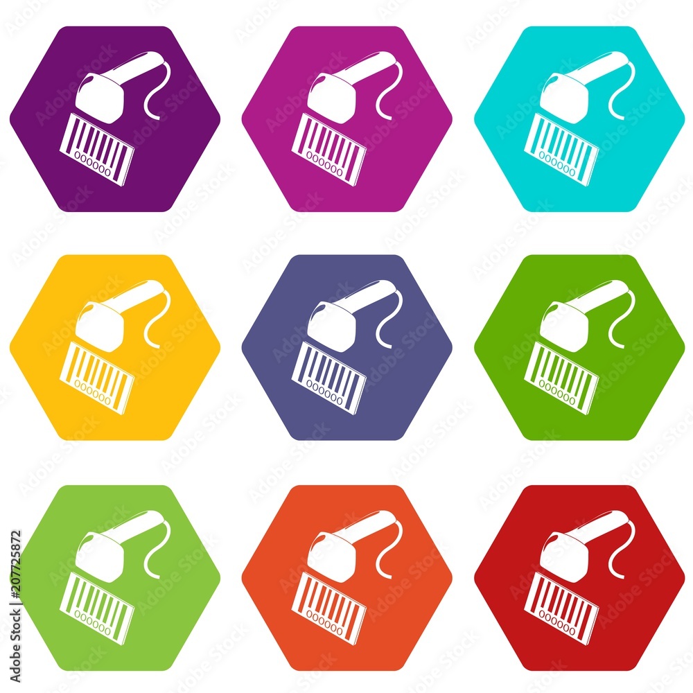 Poster market code scanner icons 9 set coloful isolated on white for web