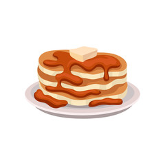 Stack of fresh pancakes with chocolate syrup and piece of butter on top. Tasty breakfast.Flat vector element for cafe menu or poster