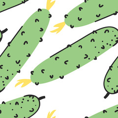 Hand drawn set of vegetable and text. Vector artistic seamless pattern with food. Summer illustration cucumber