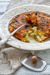 Swiss potatoes rosti on a white plate.