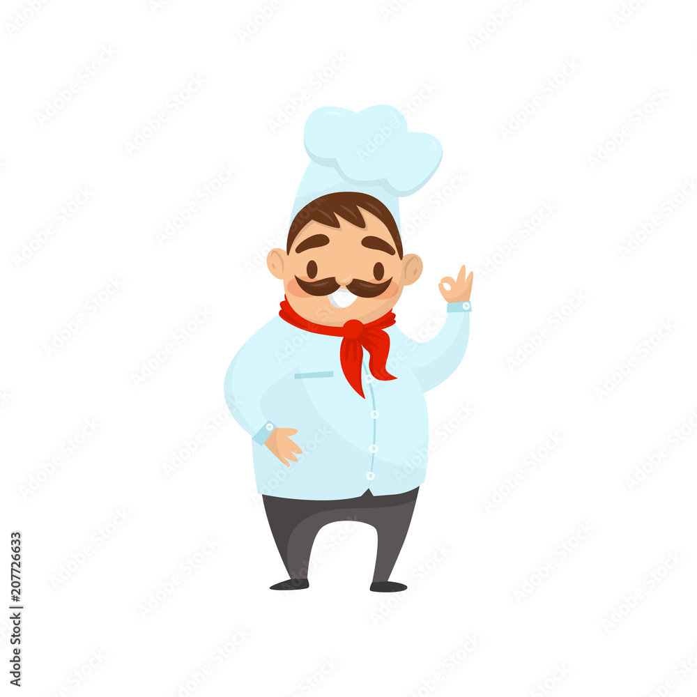 Poster cartoon chef character showing ok gesture. smiling man with mustache in uniform. flat vector element