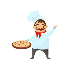 Happy Italian chef holding pizza and waving by hand. Professional restaurant worker. Flat vector icon of man in kitchen uniform