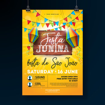 Festa Junina Party Flyer Illustration with typography design on vintage wood board. Flags and Paper Lantern on Yellow Background. Vector Brazil June Festival Design for Invitation or Holiday