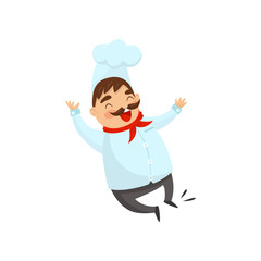 Joyful chef in jumping action. Cartoon character of funny man with mustache. Cook in traditional uniform Flat vector icon