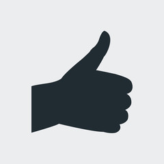 Icono plano silueta mano con pulgar arriba en fondo gris