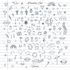 Vector set of random doodles with clouds, rainbows, lips, cats, cactus, plants and more. Hand drawn outline on the lined notebook background. - 207726890