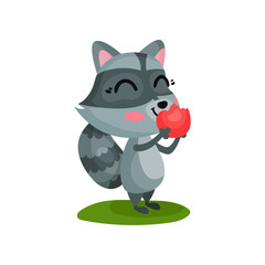 Lovely raccoon eating ripe red apple. Cartoon character of wild forest animal with happy face expression. Flat vector icon