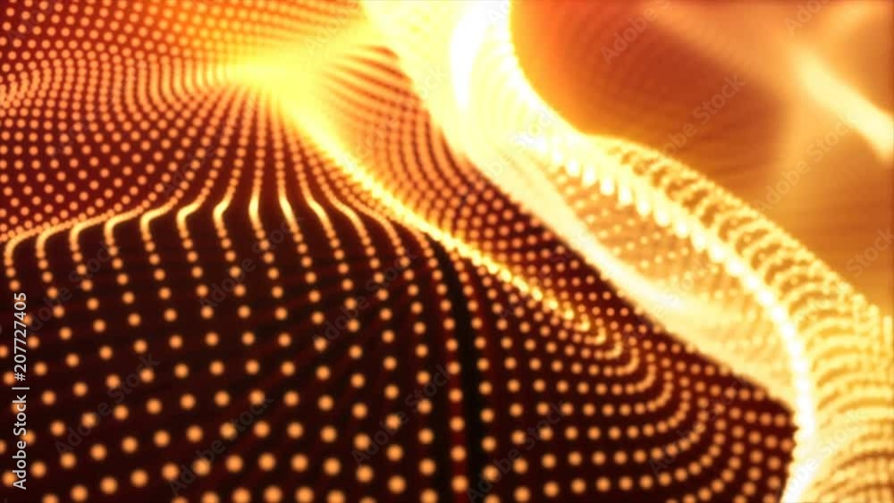 Poster abstract loopable gold cg motion waving dots texture with glowing defocused particles. cyber or tech