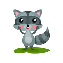 Flat vector icon of cute raccoon with excited face expression. Adorable forest animal with shiny eyes, pink cheeks and striped tail