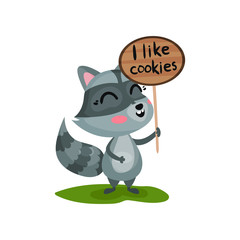 Raccoon holding wooden sign with inscription I like cookies . Flat vector icon of forest animal with happy muzzle
