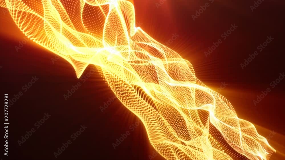 Poster abstract loopable gold cg motion waving dots texture with glowing defocused particles. cyber or tech