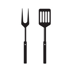 BBQ or grill tools icon. Barbecue fork with spatula. Black simple silhouette. Symbol Template Logo. Vector illustration flat design. Isolated on white background.