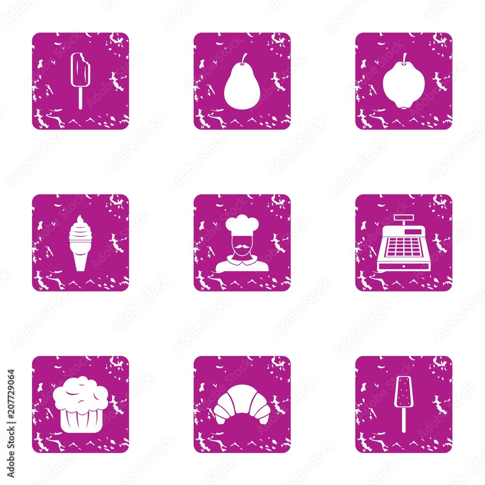 Poster sweet delight icons set. grunge set of 9 sweet delight vector icons for web isolated on white backgr