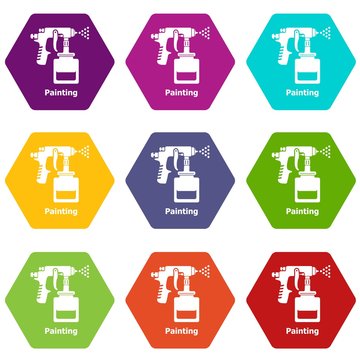 Spray gun icons 9 set coloful isolated on white for web