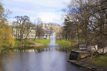 A beautiful view of the Riga Canal in Vermanes Garden, Riga, Latvia