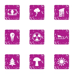 Earth energy icons set. Grunge set of 9 earth energy vector icons for web isolated on white background