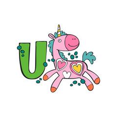 English letter U. Unicorn. Isolated vector object on white background.