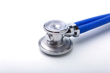 Medical stethoscope isolated on white. Closeup. Selective focus.
