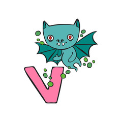 English letter V. Vampire. Bat. Isolated vector object on white background.