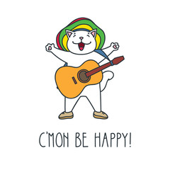 C'mon be happy! Doodle vector illustration of cute rasta cat with guitar.