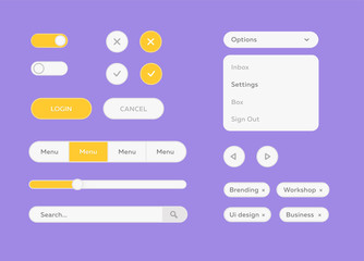 Vector white UI Kit set. Vector flat design ui kit for webdesign. Style flat ui kit design set for web design. Flat buttons, menu, progress bar