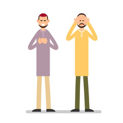 Muslim praying. Two Muslim arabic men in different suit and traditional clothes standing and praying. The performance of Muslim prayer by men with raised hands. Illustration in flat style. Isolated