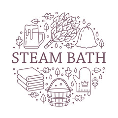 Sauna, steam bath room banner illustration with flat line icons. Bathroom equipment birch, oak broom, bucket, beer. Finnish, russian banya. Circle template thin linear signs spa poster.