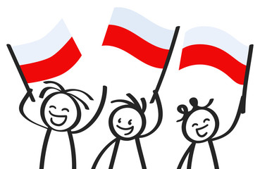 Cheering group of three happy stick figures with Polish national flags, smiling Poland supporters, sports fans isolated on white background