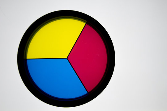 Disk with 3 primary colors, (yellow, blue and red) on a white background with a black border. Color theory, tool that allows the overlapping of primary colors and creation of complementary colors