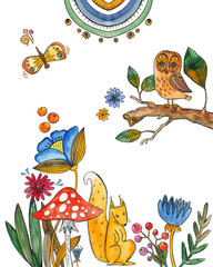 watercolor collection of plants and flowers, bird owl  and squirrel under the mushroom