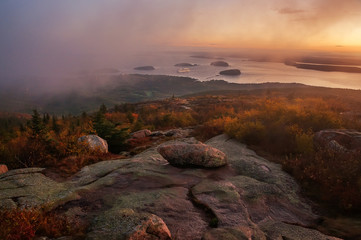 Atlantic coast of Maine from the height of the mountains. Acadia National Park. dawn overlooking the ocean and mountains.
