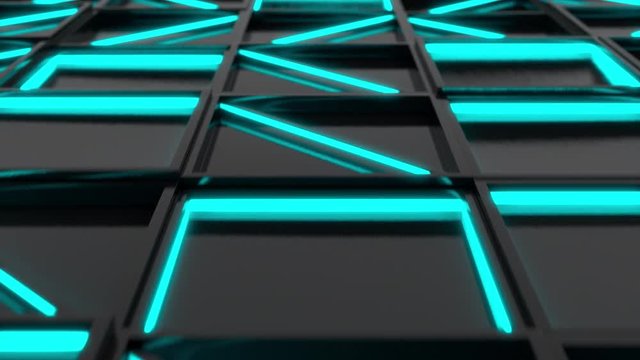 Wall of black rectangle tiles with blue glowing elements