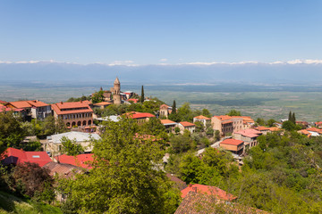 Fototapeta na wymiar View on the Sighnaghi town and Caucasian mountains, Georgia