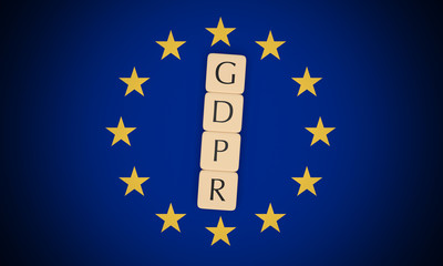 European Politics News Concept: Letter Tiles GDPR, Meaning General Data Protection Regulation, On EU Flag, 3d illustration