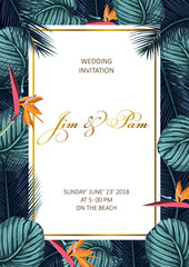 Trendy Summer Tropical Leaves Design. Wedding invitation.