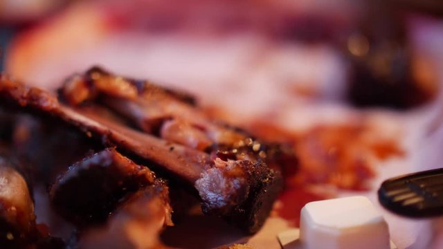 Close up view of barbecue ribs leftovers