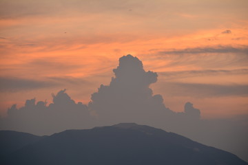 sky, sunset, sunrise, clouds, clouds, red, crimson, moon, palm trees, lantern, city, height, reflection, reflection,