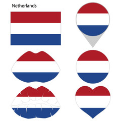 Flag of Netherlands, set. Correct proportions, lips, imprint of kiss, map pointer, heart, icon. Abstract concept. Vector illustration on white background.