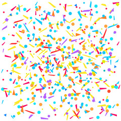 Colored falling geometric glitters. Geometrical background with confetti. Pattern for design. Print for polygraphy, posters, banners and textiles. Greeting cards