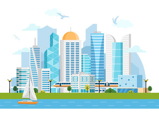 River side landscape with skyscrapers, subway, boat. Vector illustration