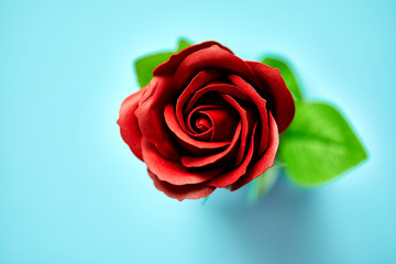 Minimalistic of an artificial red rose image photographed in studio isolated on blue background